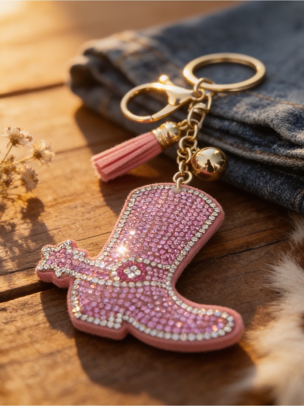 Western Sparkling Pink Cowboy Boot Keychain/Bag Charm with Tassel NWT